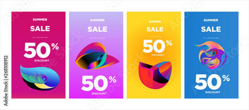 Vector summer sale 50% discount with fluid colorful background. Summer banner, website, 