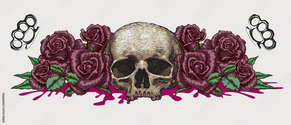 Skull Roses And Ribbon vector image of a skull with roses sketch for tattoo guns ribbons with ...