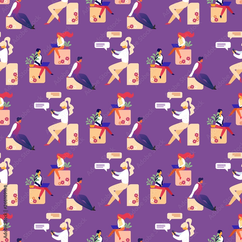 Seamless Pattern with People Using Gadgets, Laptop