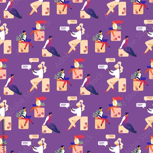 Fototapeta Naklejka Na Ścianę i Meble -  Seamless Pattern with People Using Gadgets, Laptop