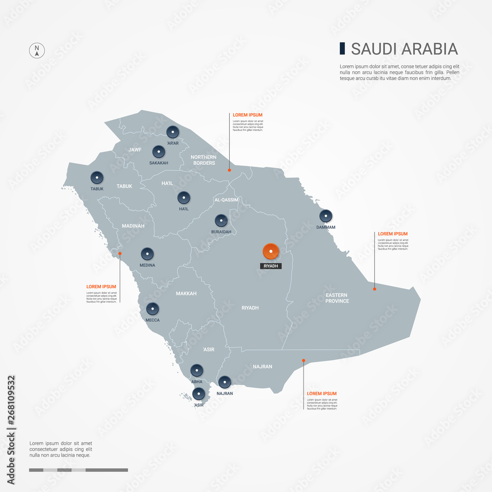 Saudi Arabia map with borders, cities, capital and administrative ...