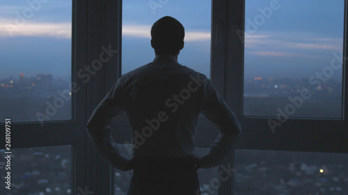 Back view of businessman stand near the window and looks on night city background