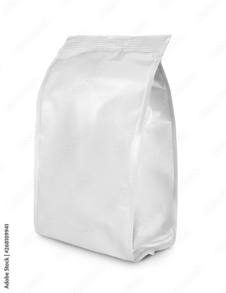 Side view of blank snack paper bag package isolated on white with clipping path