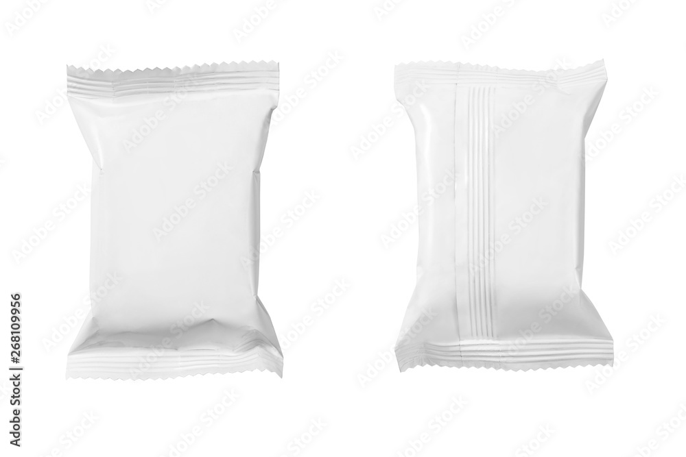 Front and back view of blank snack paper bag package isolated on white with clipping path