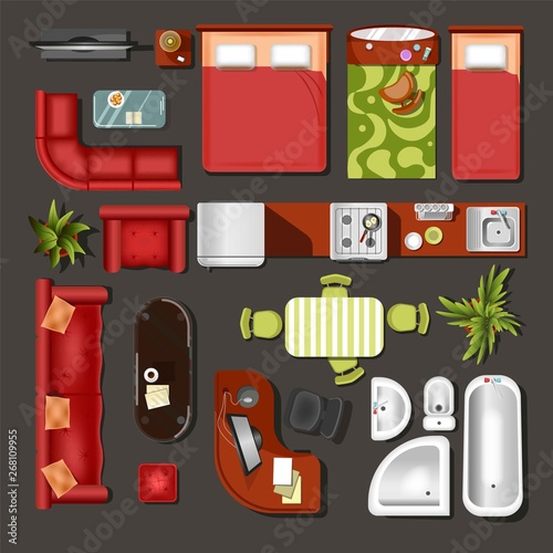 Furniture top view house interior elements and decor