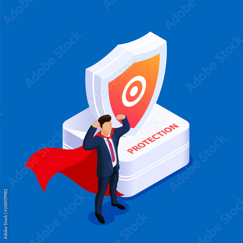 Protection concept. Man with super abilities or a hero is standing next to a shield. Protection of data or object. Vector 3d isometric illustration.