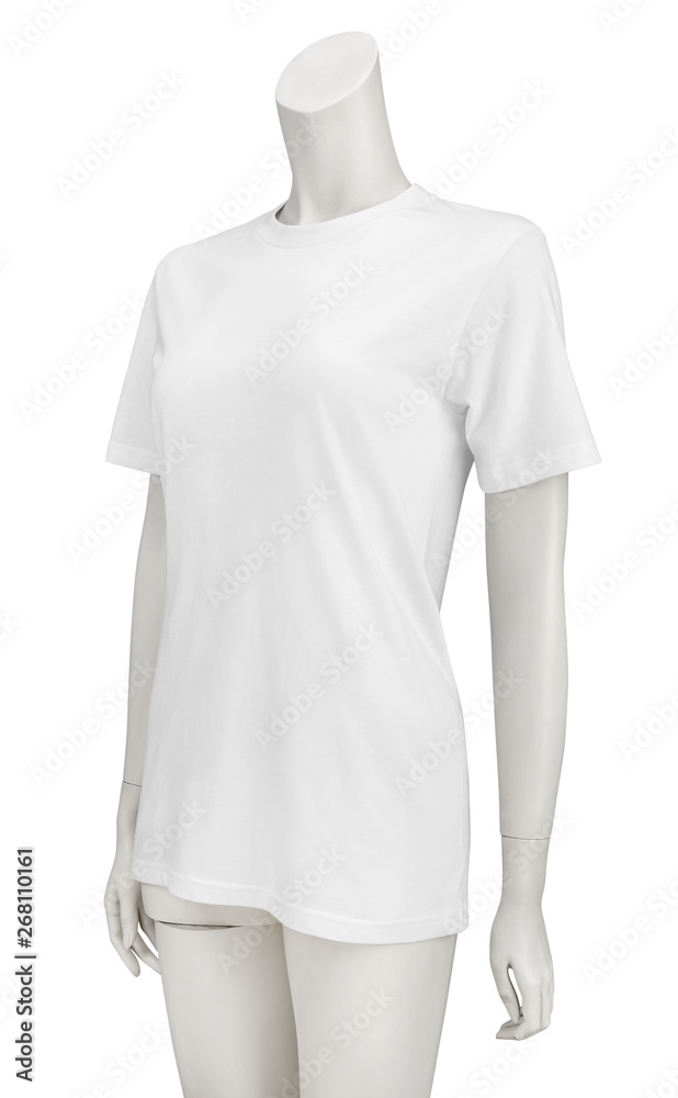 White plain shortsleeve cotton T-Shirt on a female mannequin isolated on  white background with clipping path Stock Photo | Adobe Stock
