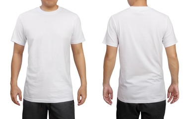 White t-shirt on a young man isolated on white background. Front and back view.