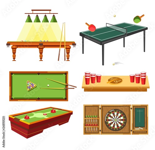 Games on table and darts pool or billiard ping pong