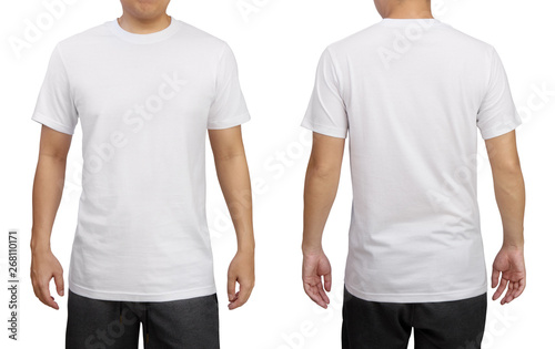 White t-shirt on a young man isolated on white background. Front and back view.