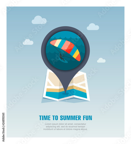 Kite boarding surfing pin map icon. Vacation