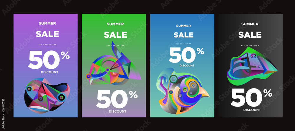 Vector summer sale 50% discount with fluid colorful background. Summer banner, website, 