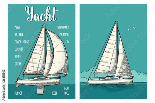 Two vertical posters for yacht club with type sails. Engraving