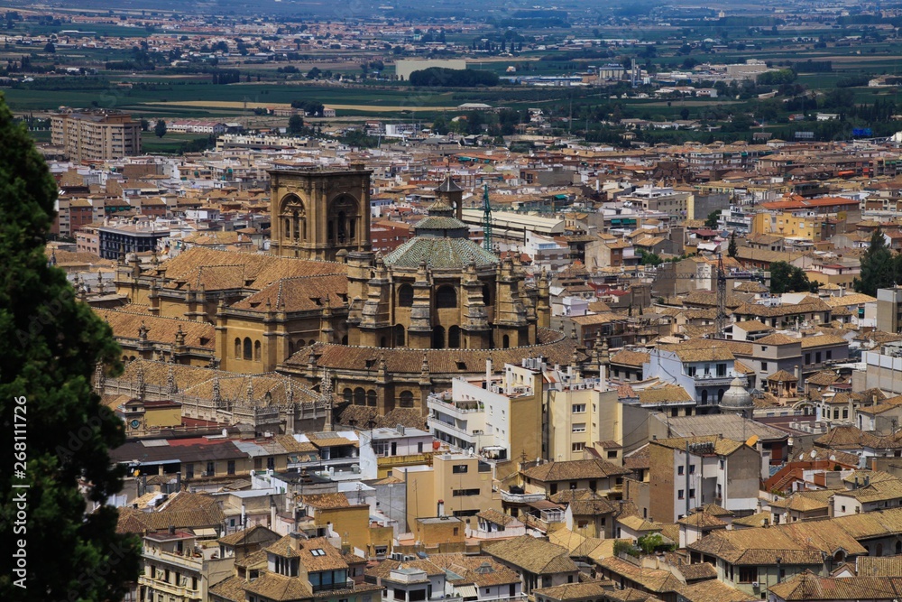 Aerial view over Granada from Alhambra with cathedral (Catedral renacentista), Andalusia, Spain