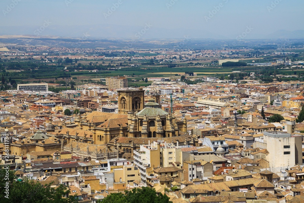 Aerial view over Granada from Alhambra with cathedral (Catedral renacentista), Andalusia, Spain
