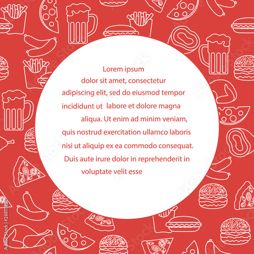 Beer, different types of food and fast food.