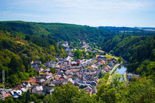 View of the village and valley of Vianden, with mountains and forest, and the Our river crossing, in Luxembourg, Europe