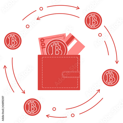 Purse with banknote, credit card and bitcoin.