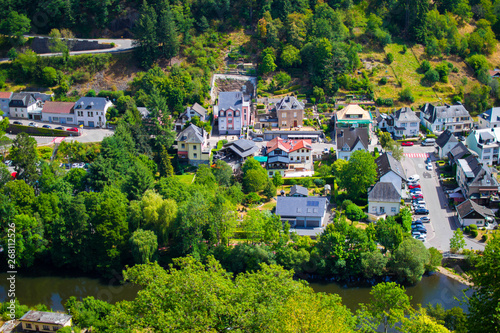View of the village and valley of Vianden, with mountains and forest, and the Our river crossing, in Luxembourg, Europe