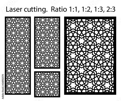 Laser pattern. Set of decorative vector panels for laser cutting. Template for interior partition in arabesque style. Ratio 1:1,1:2,1:3,2:3