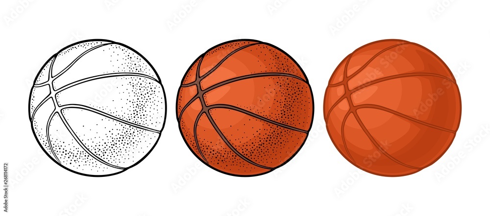 Basketball ball. Vector color engraving illustration. Isolated on white background.