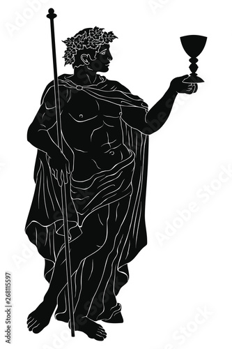 The ancient Greek god Dionysus with a glass and a rod. Vector image isolated on white background.
