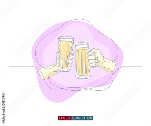 Continuous line drawing of hands holding beer glasses and clinking. Template for your design. Vector illustration.