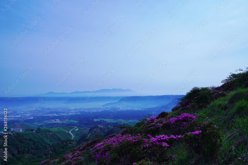 ミヤマキリシマが満開の仙酔峡から見る阿蘇外輪山