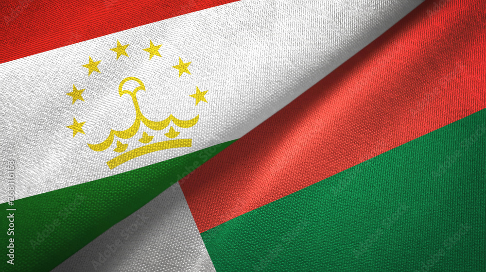 Tajikistan and Madagascar two flags textile cloth, fabric texture