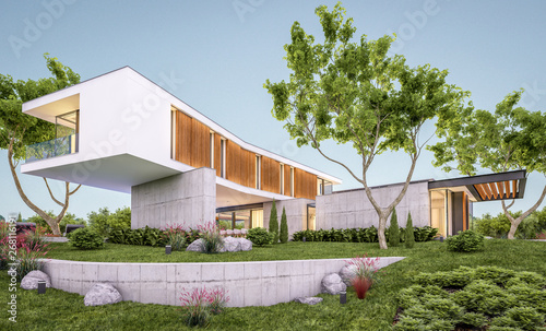 3d rendering of modern cozy house on the hill with garage and pool for sale or rent with beautiful landscaping on background. Clear summer evening with cozy light from window.
