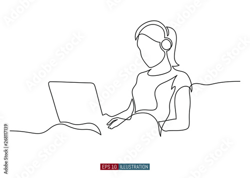 Continuous line drawing of girl with laptop. Template for your design works. Vector illustration.