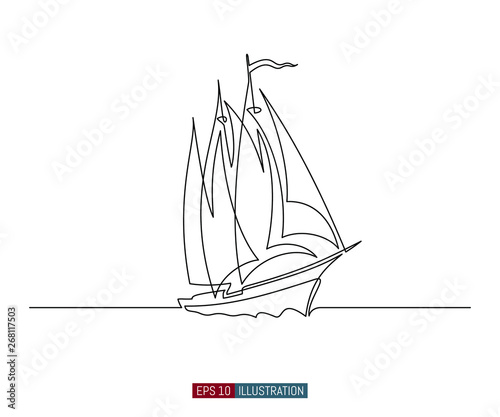 Continuous line drawing of yacht. Abstract sailing vessel silhouette.  Template for your design works. Vector illustration.