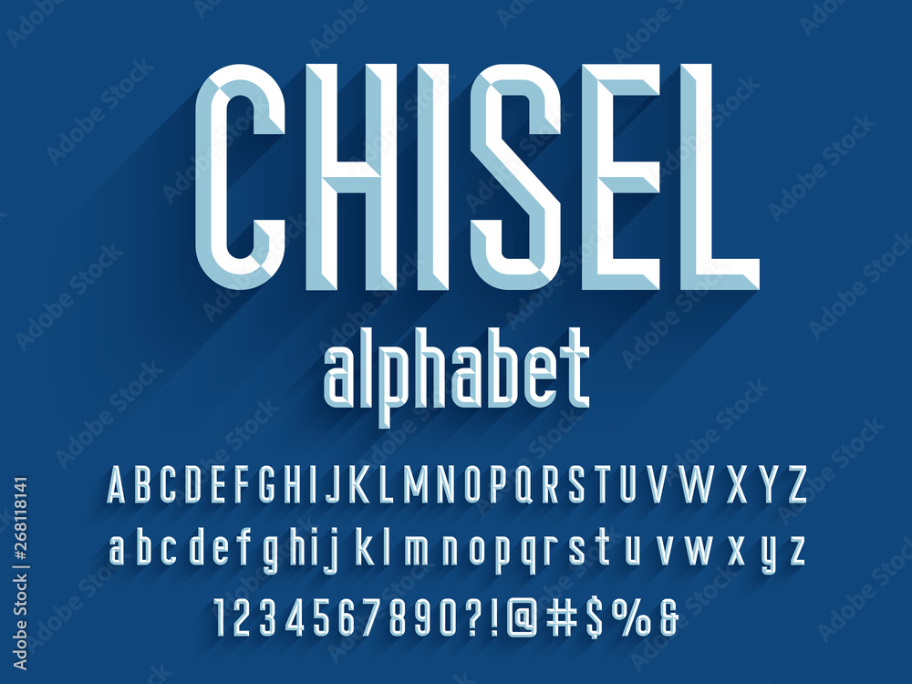 Chisel style alphabet design with uppercase, lowercase, number and symbols - obrazy, fototapety, plakaty 