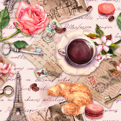 Handdoek met foto Koffie patronen Vintage Parijs patroon met Eiffeltoren  © zzorik