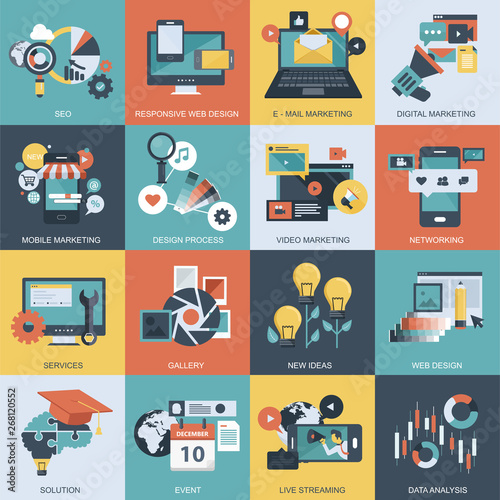 Colorful icon set of business, marketing, technology, event and networking for mobile applications and websites. Flat vector illustration