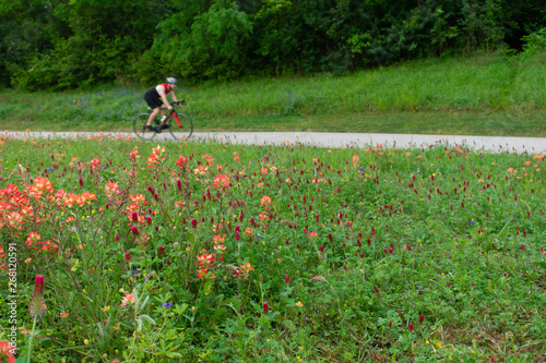 Man Biking for Exercise In Spring Through a Field of Flowers