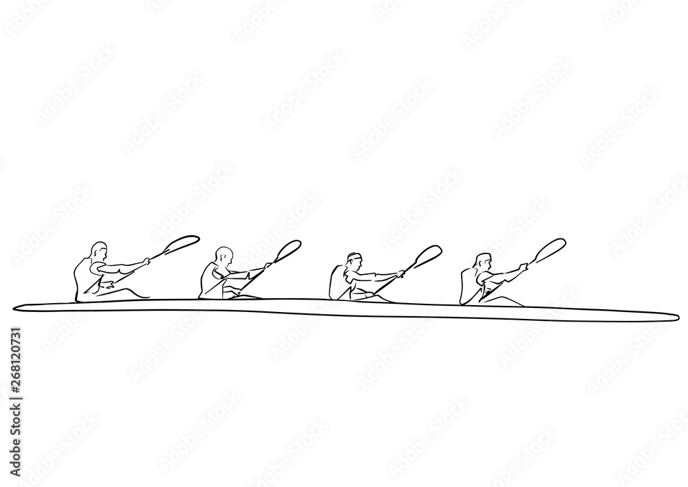 Academic canoe rowing. Team of four male rowers. Abstract isolated