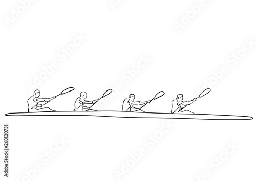 Academic canoe rowing. Team of four male rowers. Abstract isolated contour of paddlers. Hand drawn outlines. Black line drawing. Sport canoeing illustration. Vector silhouette.