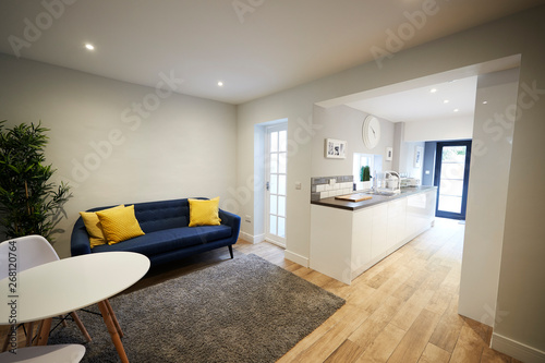 Sitting room and kitchen in newly refurbished house photo