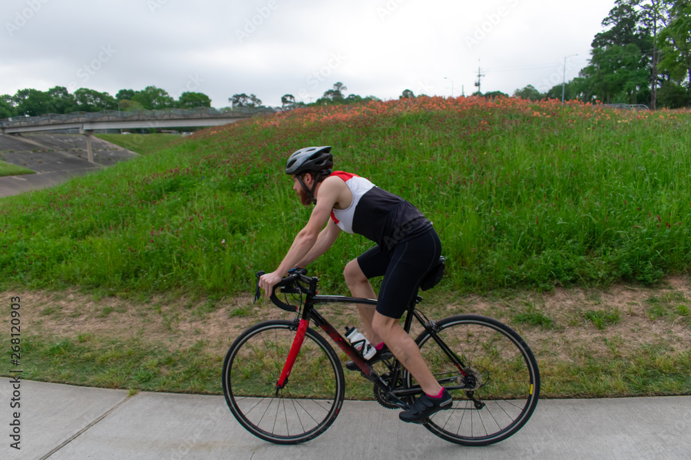 Fototapeta premium Bicyclist In Spring Biking Through a Field of Flowers blurred motion