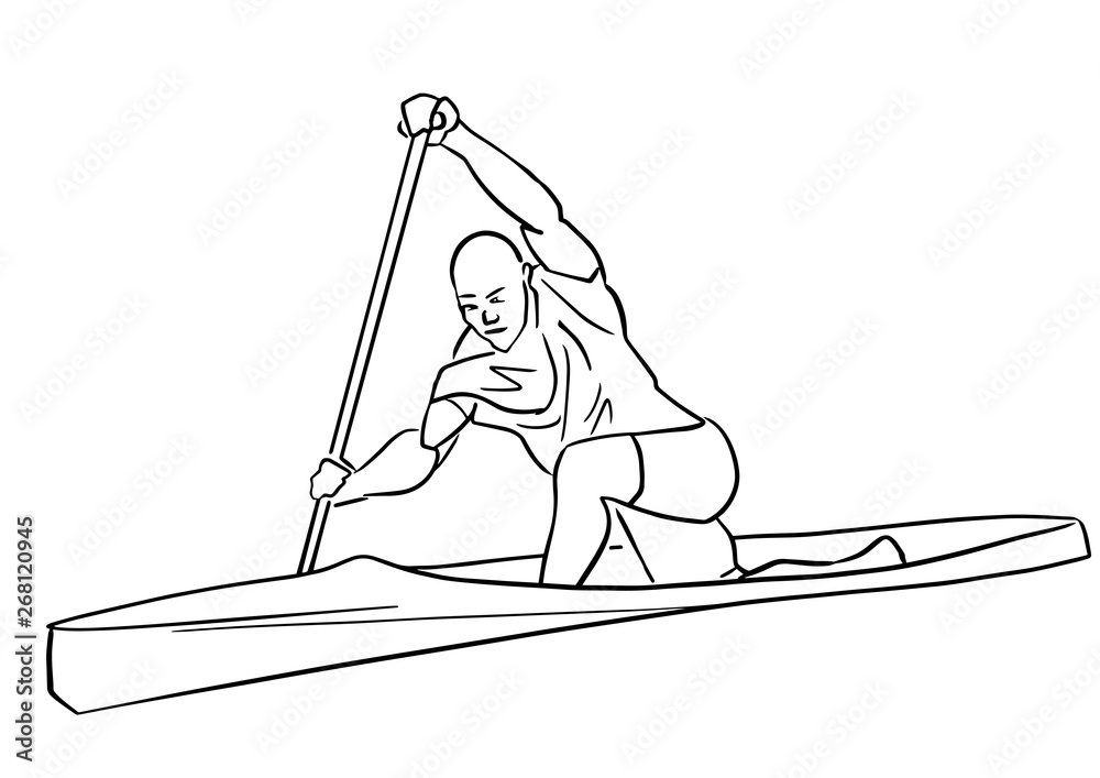 Canoe or kayak rowing. Single male rower with paddle. Abstract isolated ...
