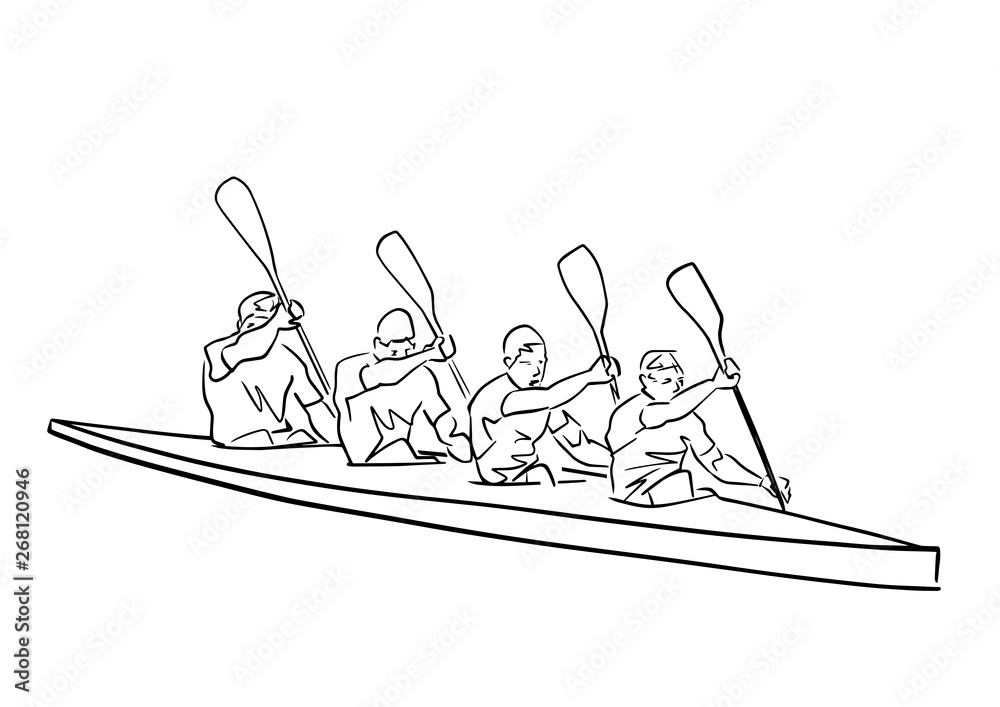 Academic canoe rowing. Team of four male rowers. Abstract isolated