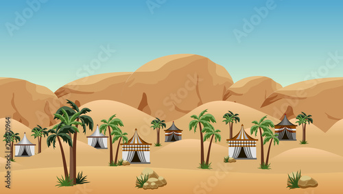 Desert landscape background with nomad camp. Scene for cartoon, game asset or wallpapers.