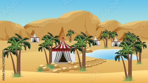 Oasis in desert with Bedouin camp. Landscape for cartoon or game background