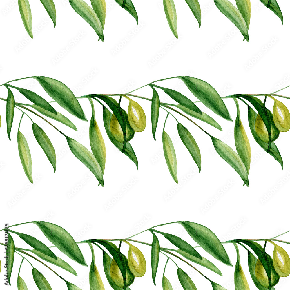 Fototapeta premium Watercolor olive branch seamless pattern on white background.