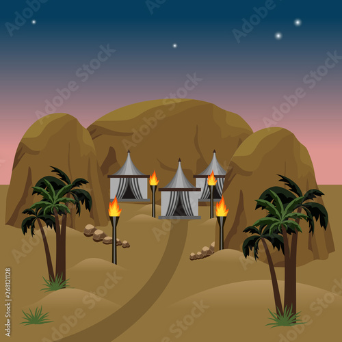 Nomad camp in desert landscape scene