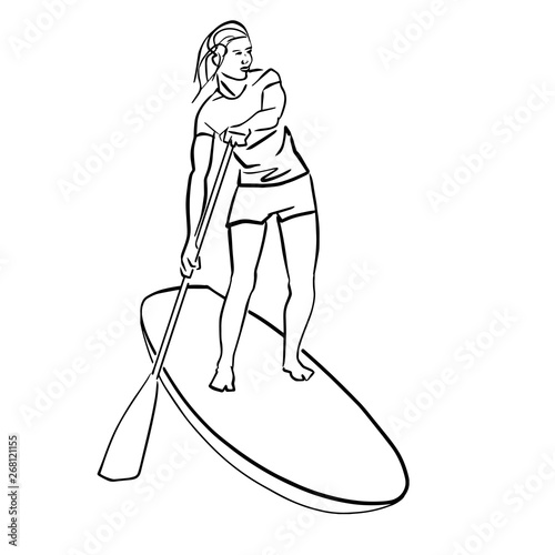 Stand up paddle surfing, boarding. Single female surfer with paddle. Surfrider girl on board. Paddleboarding, SUP fitness. Vector fitness illustration. Abstract isolated contour of surfboarder. 