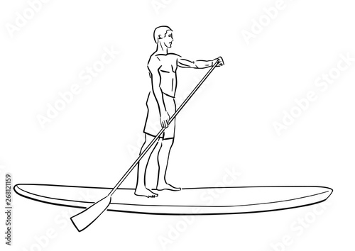 Stand up paddle surfing, boarding. Single male surfer with paddle. Surfrider on board. Paddleboarding, SUP fitness. Vector fitness illustration. Abstract isolated contour of surfboarder. 