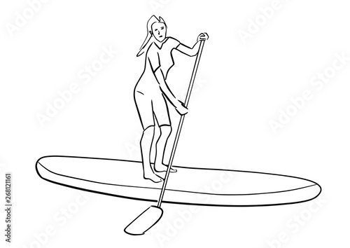 Stand up paddle surfing, boarding. Single female surfer with paddle. Surfrider girl on board. Paddleboarding, SUP fitness. Vector fitness illustration. Abstract isolated contour of surfboarder. 