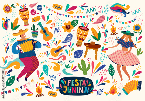 Vector pattern with Brazilian symbols for holiday Festa Junina
